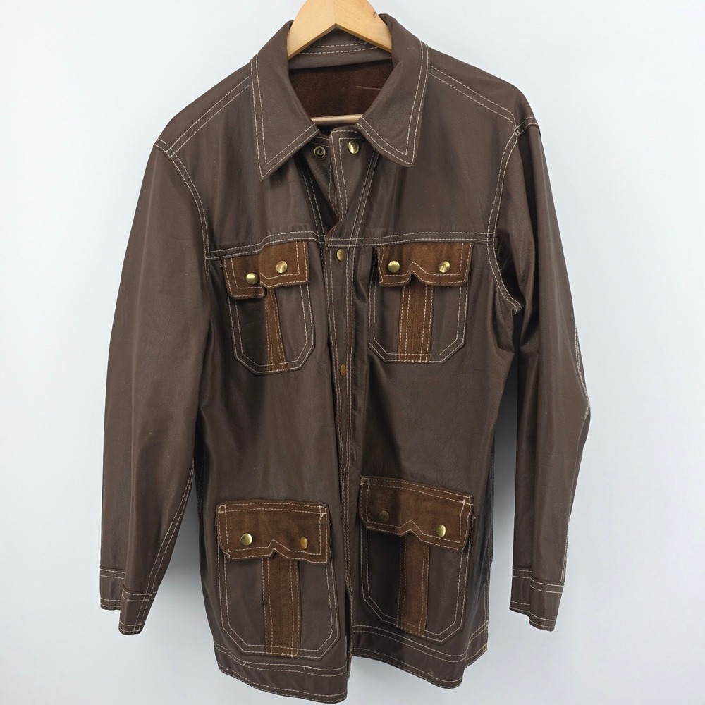 Vintage 70s Brown Leather Jacket Coat Suede Utility Pockets Sz 42 Argentina
